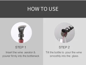 Petal wine aerator pourer instruction graphic, clear step guide for red wine bottle accessory.