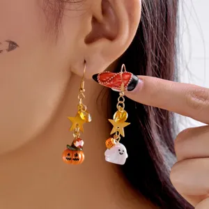Pendientes de Gota de Aleación de Diamantes de Imitación Asimétricos de Halloween Fantasma Calabaza Luna Estrella Joyas Festivas Mujer