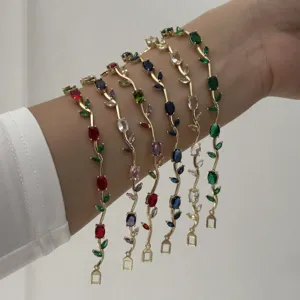 Elegant Copper Gold Plated Tulip Leaf Bracelet For Women Multi Color Zirconia Inlaid Adjustable Fashion Jewelry Flower Wrist Accessory