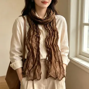 Dames Effen Kleur Lange Strip Geplooide Sjaal Mode Casual Eenvoudige Polyester Sjaal Veelzijdige Dagelijkse Halsbedekking