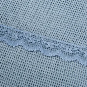 Close-up of light blue waffle texture scarf fabric with delicate lace trim detail.