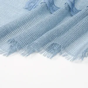 Detail shot of light blue mesh textured women scarf showing fabric weave and delicate lace trim.