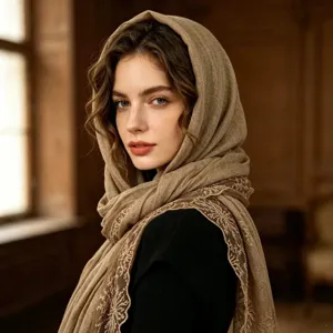 Detailed view of women's beige cotton linen scarf featuring exquisite lace embroidery edges.