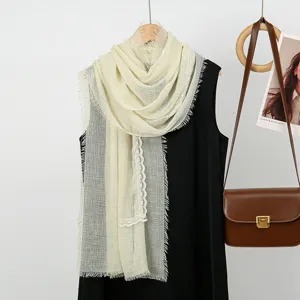 Beige breathable mesh scarf with delicate lace trim and elegant fringe for women fashion