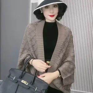 Vrouwen bruin opengewerkt gebreid cape sjaal lente herfst elegante trui poncho kleding