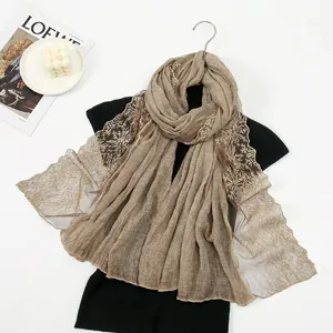 Cotton linen lace patchwork scarf women elegant embroidered shawl spring autumn thin scarf