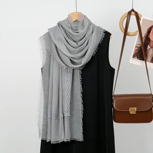 Women breathable grey scarf with lace trim and pleated texture elegant solid color shawl wrap.