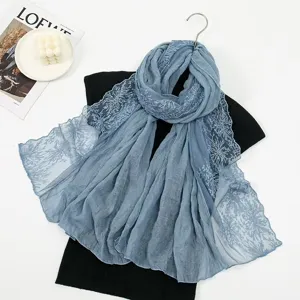 Blue cotton linen lace spliced scarf detail, elegant floral embroidery shawl for spring autumn.