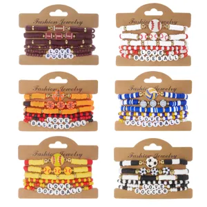 Set of six colorful sports-themed beaded bracelets including soccer, baseball, and rugby