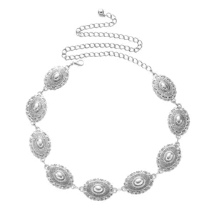 Vintage bohemian silver metal chain belt with oval sunburst decorative plates