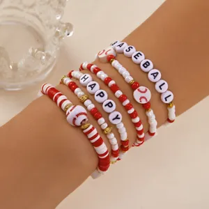 Close-up of baseball themed beaded bracelets with HAPPY and BASEBALL letter beads
