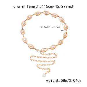 Detailed close-up of vintage gold carved waist chain with pearl charms and size specs