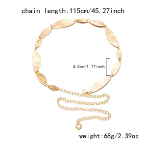 Detail view of vintage hammered leaf body chain showing dimensions and weight 68g