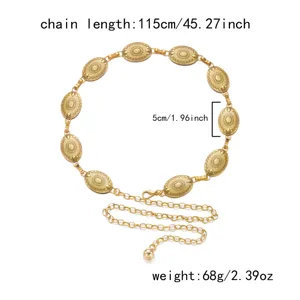 Detailed view of retro carved gold body chain with length and weight specifications