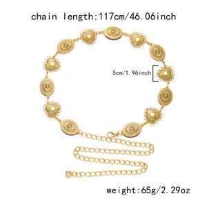 Vintage gold engraved metal body chain belt with heart charms, 117cm length detail view