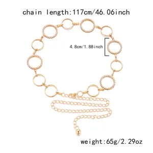 Detailed view of a golden metal waist chain with rhinestone circular links and size info