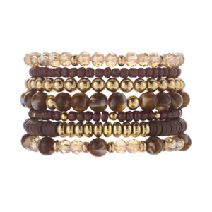 Detailed view of Bohemian layered bracelet set with wood and champagne crystal beads