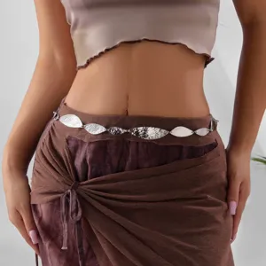 Vintage silver leaf-patterned metal waist chain for bohemian styling.