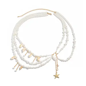 Elegante mehrlagige Perlenkörperkette mit Muscheln und Seestern-Anhängern