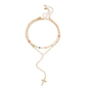 Luxurious multi-layered gold chain necklace set with colorful rhinestones and cross pendant