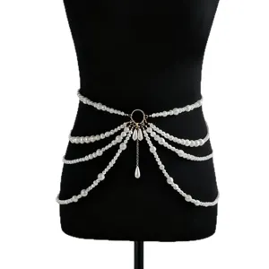 Multi-layer faux pearl body chain with metal ring and fringe pendant for beach wear