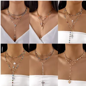 Layered metal chain necklaces with colorful rhinestones and cross pendants in six styles
