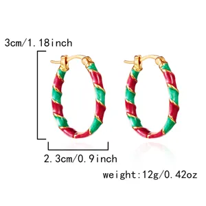 Detailed size measurements of these Christmas red and green enamel twisted hoop earrings