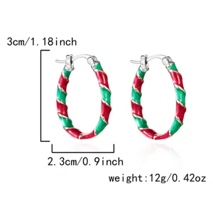 Detailed size view of Christmas red and green twisted enamel hoop earrings with weight 12g