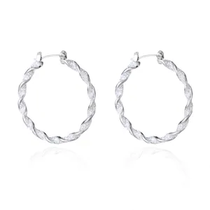 Detailed macro view of twisted silver hoop earrings with glitter finish texture.
