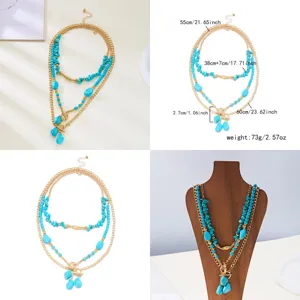 Multi-view collage of Western cowboy style layered necklace with turquoise beads and gold chains