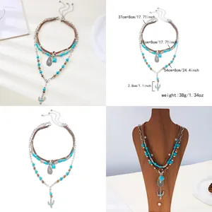 Western cowboy style layered turquoise bead necklace set with cactus pendant detail.