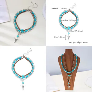 Detailed view of Western cowboy necklace set with turquoise beads and bull head pendant