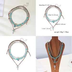 Multilayer western style necklace set with turquoise beads and bullhead pendant details