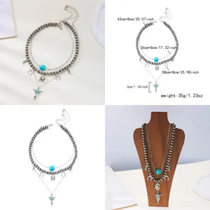 Western cowboy multi-layer necklace set with bull head and turquoise charms detail