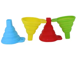 Silicone collapsible funnel in vibrant candy colors, flexible telescopic design for kitchen use.