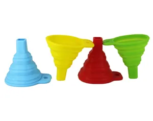 Colapsible silicone funnel detail showing flexible telescopic folding structure and hanging hole.