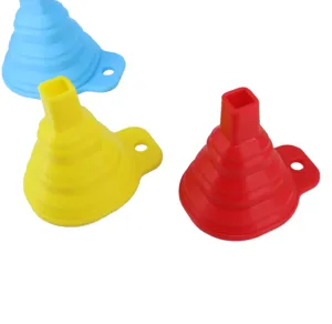 Detailed view of colorful collapsible silicone funnels showing flexible texture and hanging hole.