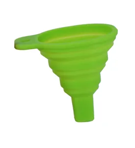 Green collapsible silicone funnel detailed view, flexible telescopic kitchen gadget for easy storage.