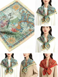 Detailed view and model showcase of luxurious botanical print square scarf for women.