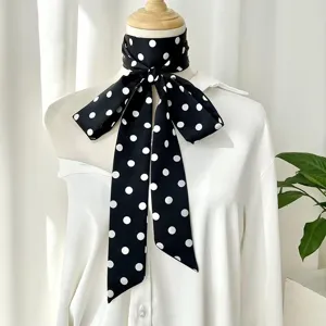 Black and white polka dot skinny silk scarf, stylish neck ribbon and chic hair band for women.