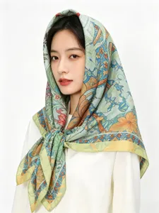Women floral print silk wool square scarf, elegant vintage botanical design neckerchief.