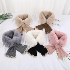 Korean style cross plush scarf, knitted splicing faux rabbit fur, elegant fishtail winter neck warmer.