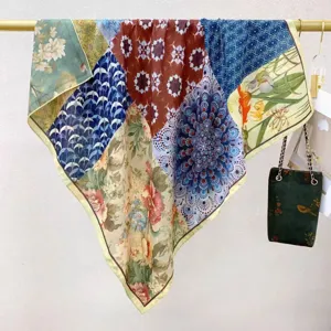 Vrouwen vintage patchwork zijde vierkant sjaal 90cm lente herfst elegante halsdoek.