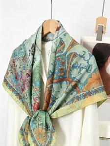 Elegant floral print square scarf, vintage botanical design silk feel neck scarf for women.