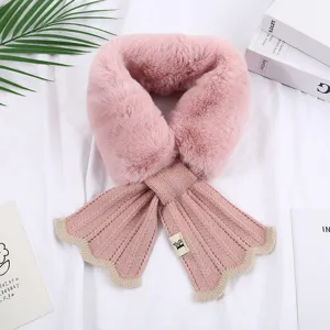 Detail view of pink plush faux fur knitted winter scarf collar with cute mermaid edge.