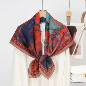 Vintage floral print square scarf elegant silk wool neckerchief women fashion accessory