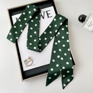Green polka dot skinny silk scarf for women, elegant neckerchief, hair band and bag ribbon.