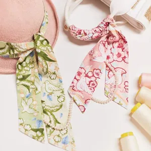 Smalle zijden sjaal voor tas en hals, elegant bloemenprint twilly lint accessoire.