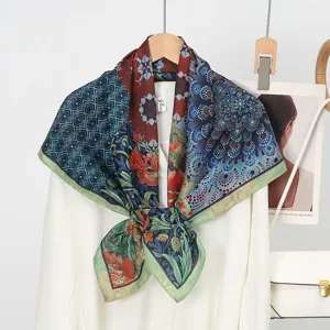 Vintage artistic printed square scarf, elegant floral and geometric pattern design for women.