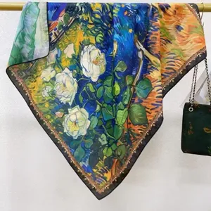 Artistieke print vierkante zijden sjaal voor dames, elegante satijnen halsdoek 90x90cm.